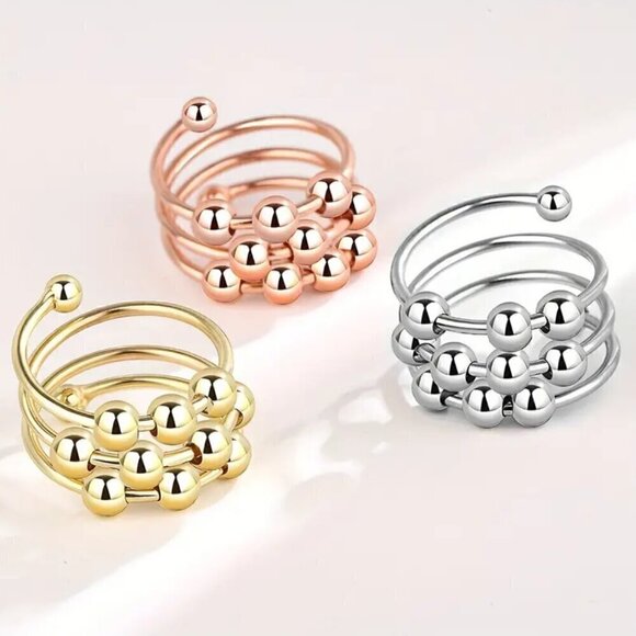 Boho Spiral Fidget and Anxiety Ring Floating Silver Tone Balls Adjustable #1362 - Picture 1 of 8